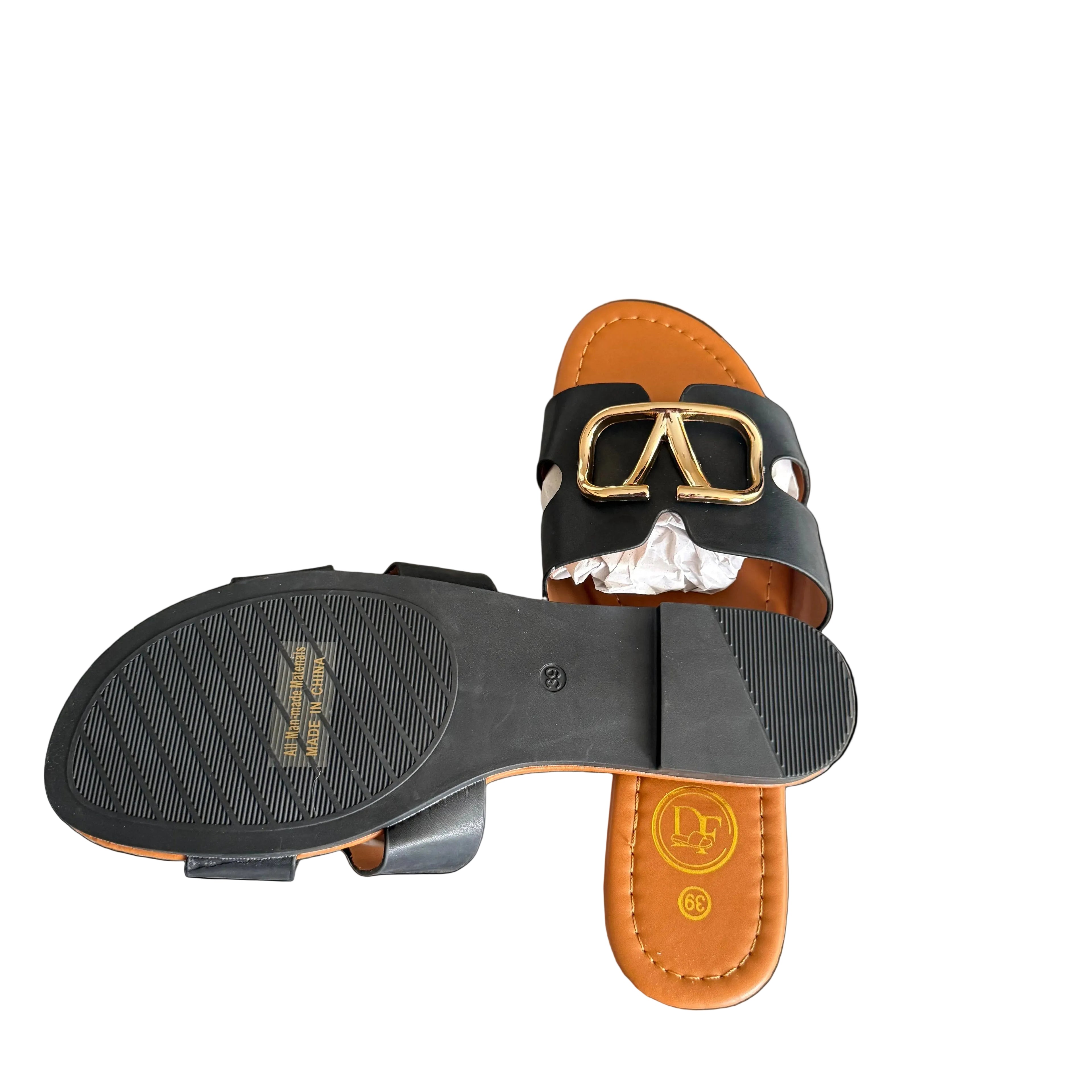 Women’s Black Slide Sandals with Gold Detail – Elegant Flat Summer Slip-On Shoes, Designer Style