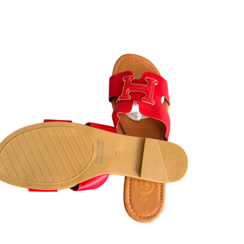 Women’s Red Designer Slide Sandals – Gold H Detail, Elegant Flat Summer Slip-On Shoes