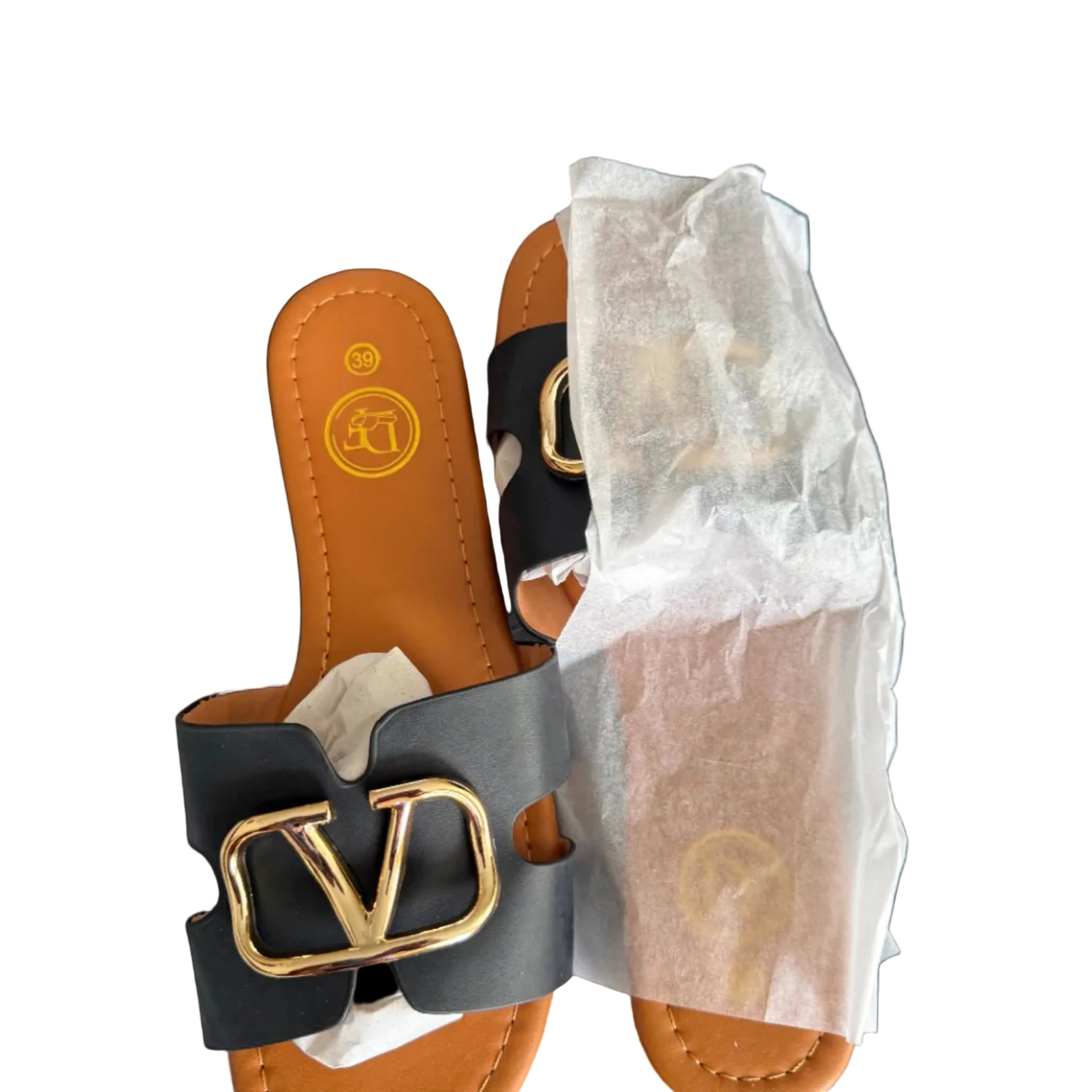 Women’s Black Slide Sandals with Gold Detail – Elegant Flat Summer Slip-On Shoes, Designer Style