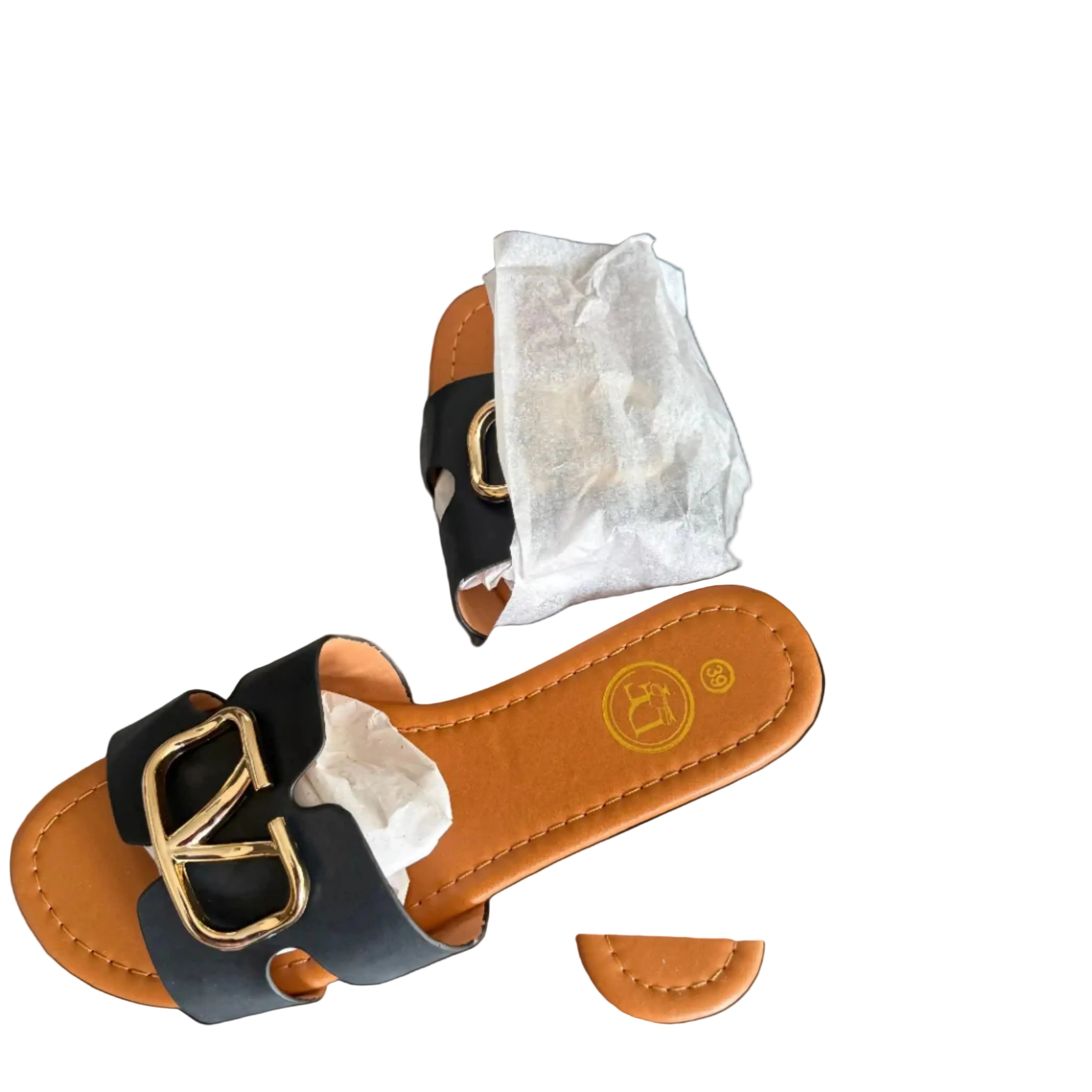 Women’s Black Slide Sandals with Gold Detail – Elegant Flat Summer Slip-On Shoes, Designer Style