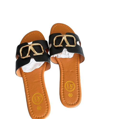 Women’s Black Slide Sandals with Gold Detail – Elegant Flat Summer Slip-On Shoes, Designer Style