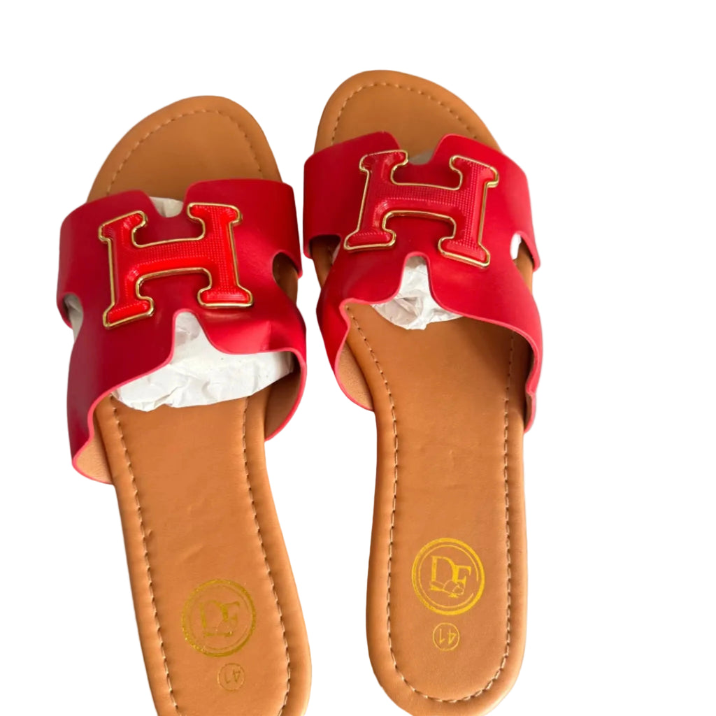 Women’s Red Designer Slide Sandals – Gold H Detail, Elegant Flat Summer Slip-On Shoes
