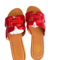 Women’s Red Designer Slide Sandals – Gold H Detail, Elegant Flat Summer Slip-On Shoes