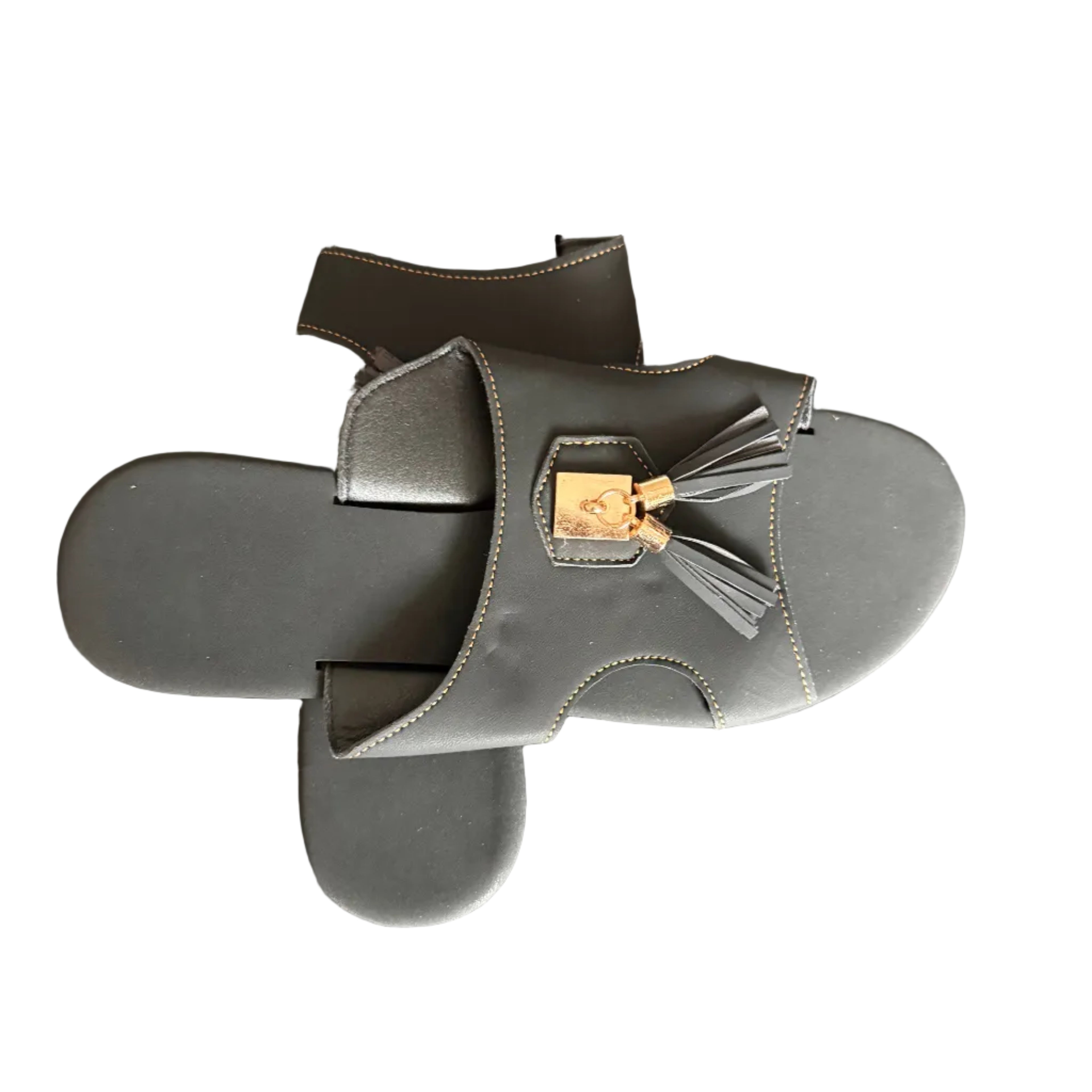 Women’s Black Slide Sandals with Tassel – Luxury Flat Slip-On Sandals, Elegant Casual Summer Shoes, Designer Style