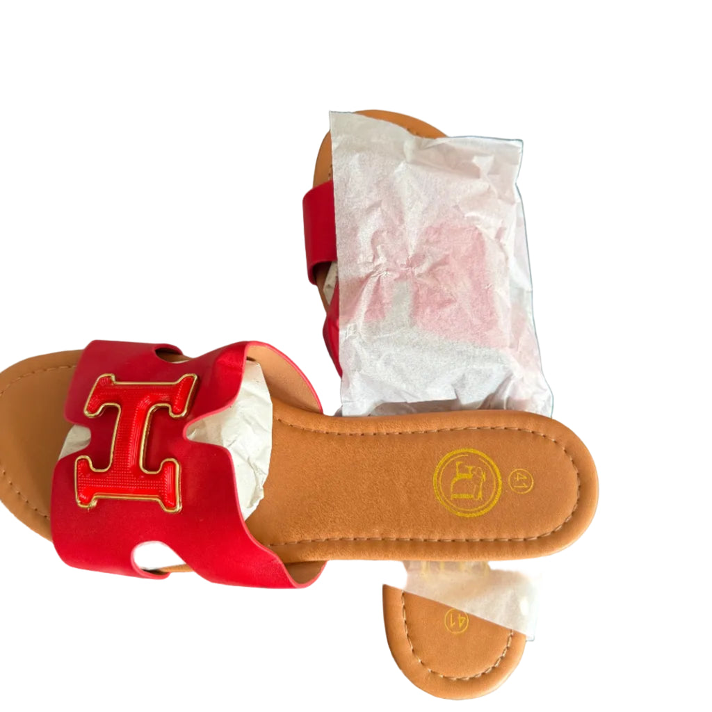 Women’s Red Designer Slide Sandals – Gold H Detail, Elegant Flat Summer Slip-On Shoes