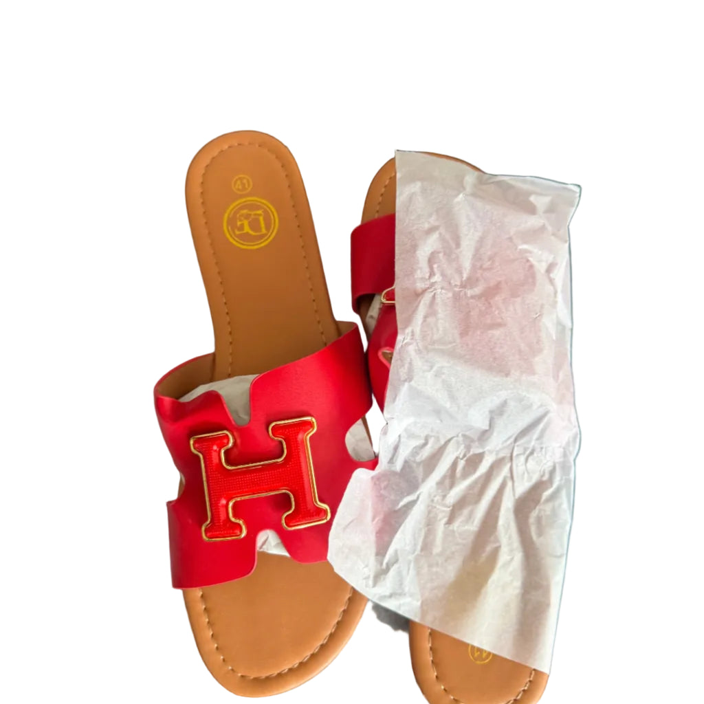 Women’s Red Designer Slide Sandals – Gold H Detail, Elegant Flat Summer Slip-On Shoes