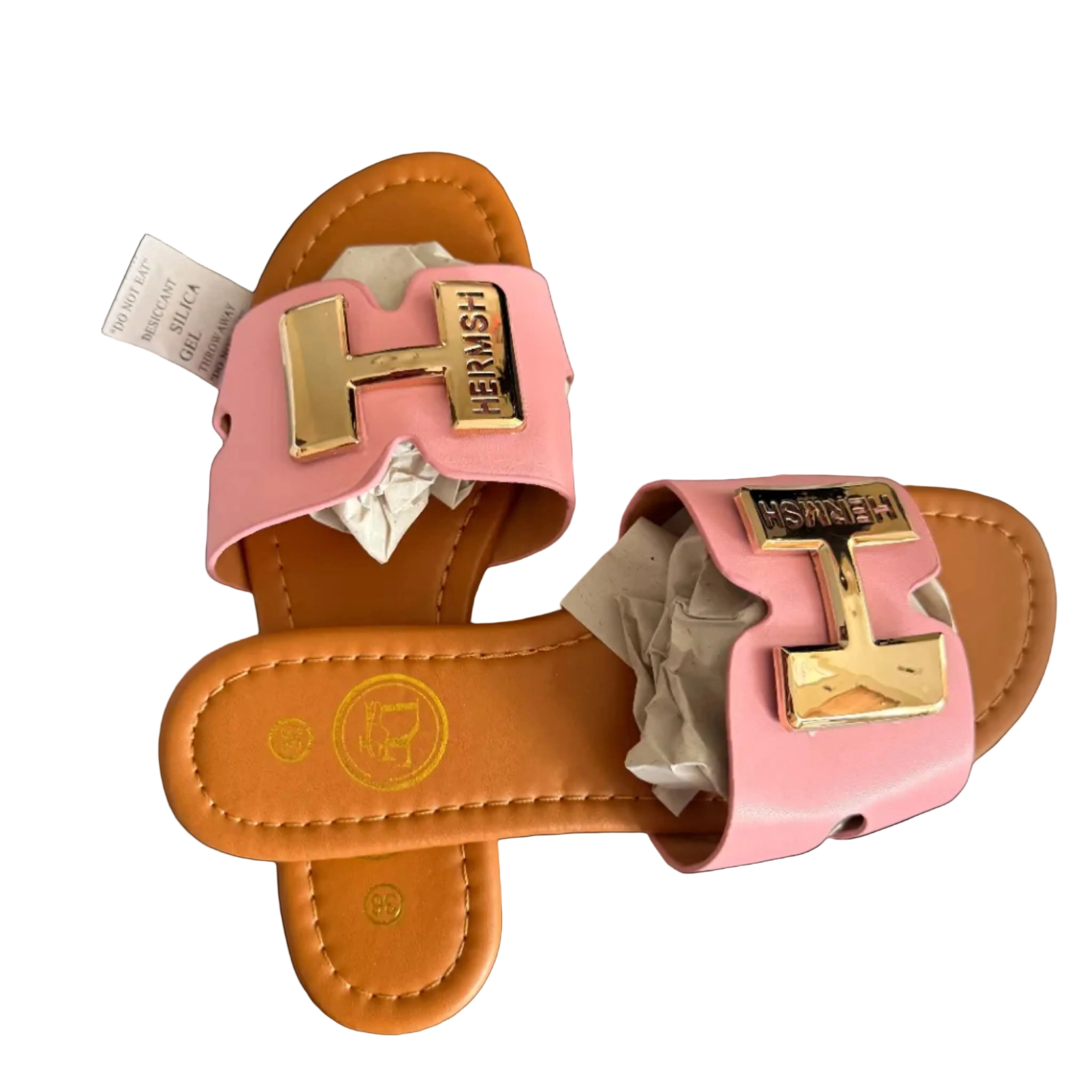 Women’s Pink Slide Sandals with Gold H Detail – Luxury Flat Slip-On Summer Sandals, Elegant Casual Shoes