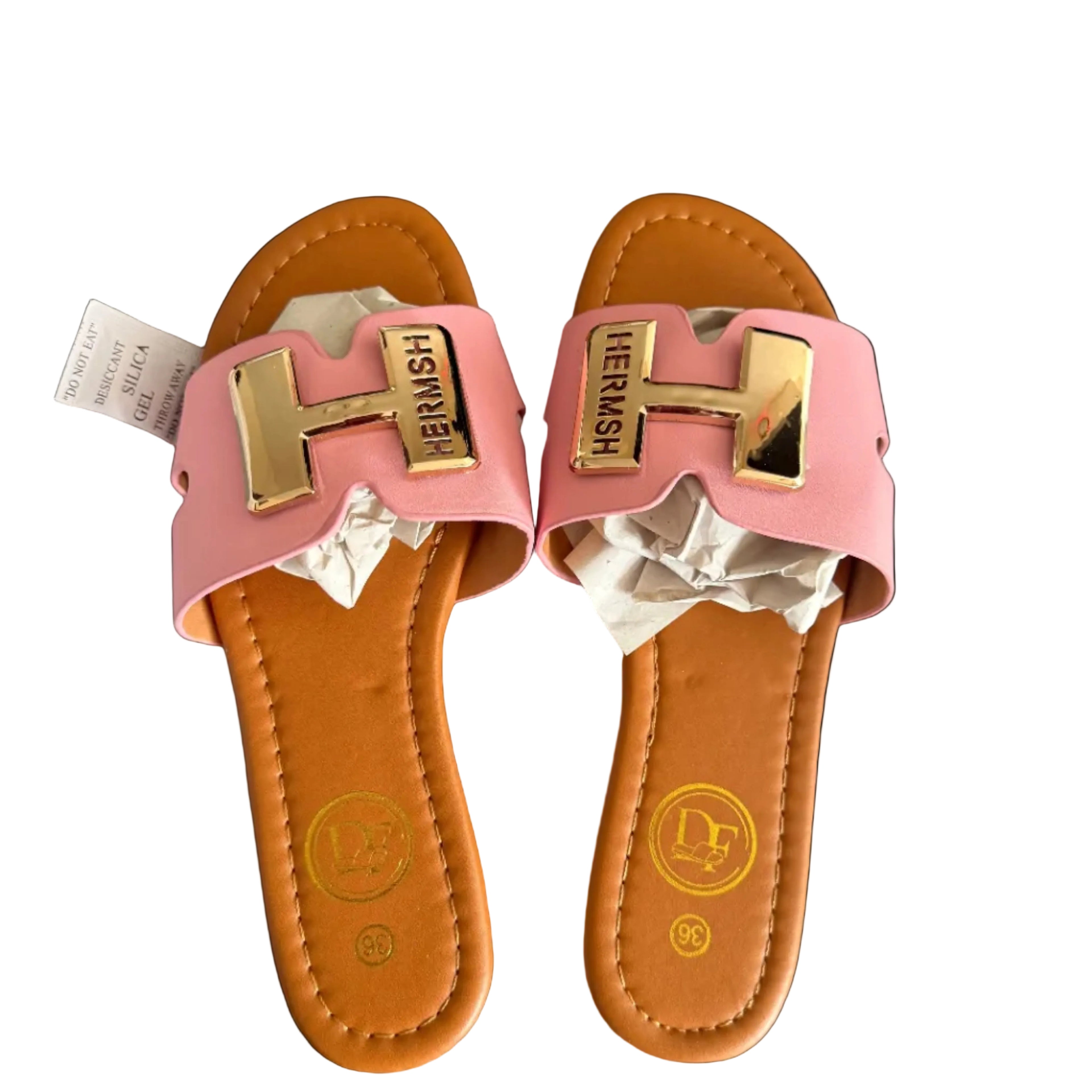 Women’s Pink Slide Sandals with Gold H Detail – Luxury Flat Slip-On Summer Sandals, Elegant Casual Shoes