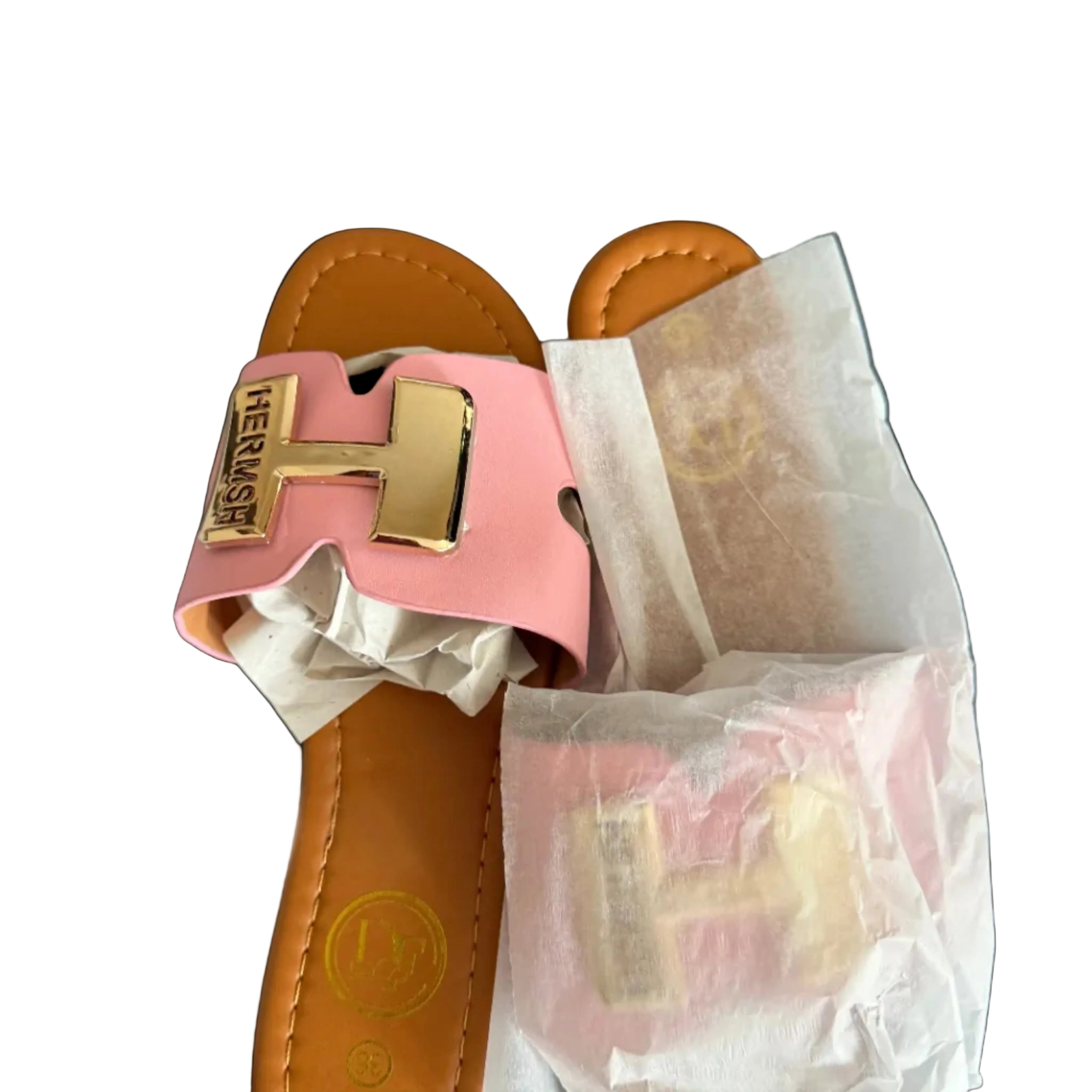 Women’s Pink Slide Sandals with Gold H Detail – Luxury Flat Slip-On Summer Sandals, Elegant Casual Shoes