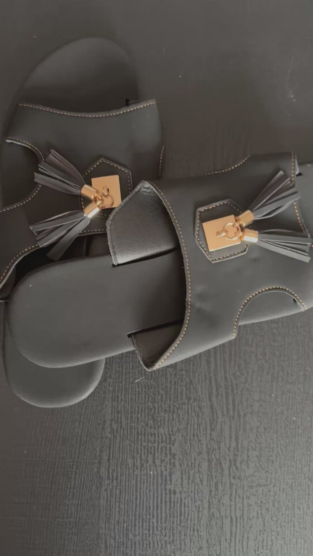 Women’s Black Slide Sandals with Tassel – Luxury Flat Slip-On Sandals, Elegant Casual Summer Shoes, Designer Style