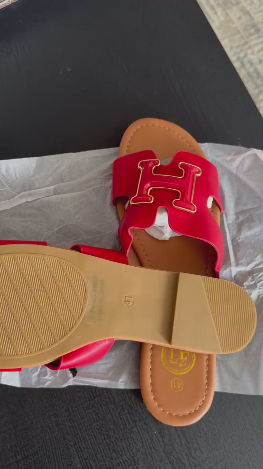 Women’s Red Designer Slide Sandals – Gold H Detail, Elegant Flat Summer Slip-On Shoes