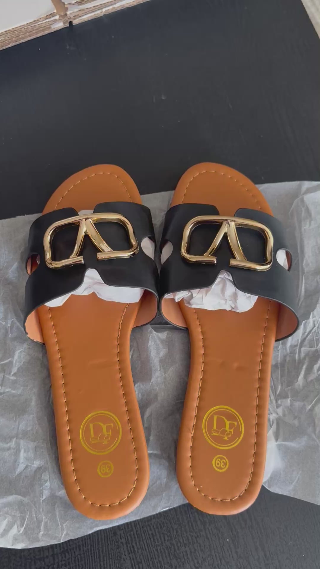 Women’s Black Slide Sandals with Gold Detail – Elegant Flat Summer Slip-On Shoes, Designer Style